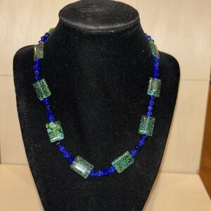 Millifiori glass beaded necklace with cobalt blue glass beads. Toggle clasp.